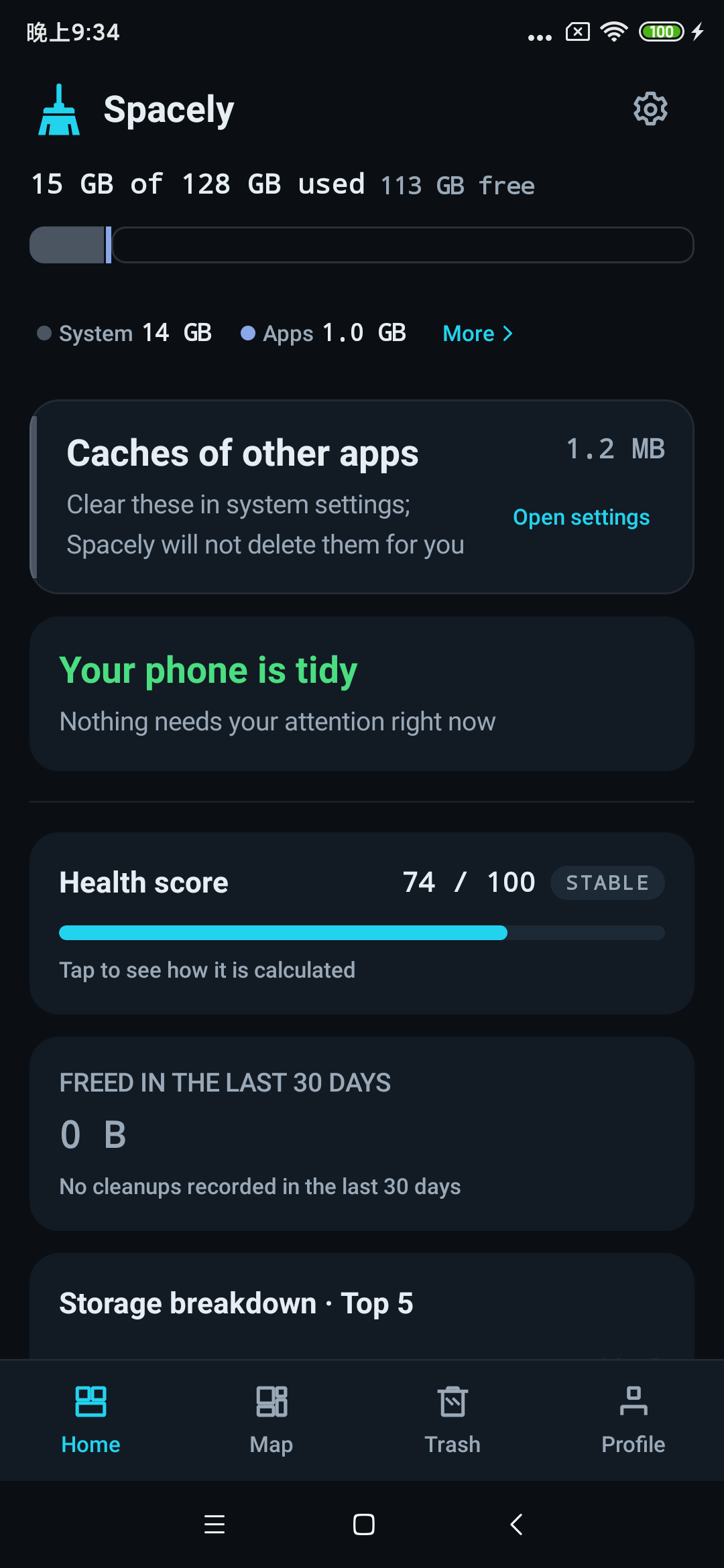 Spacely home screen: a system health score of 70 out of 100, plus storage, memory, battery and battery-temperature tiles.