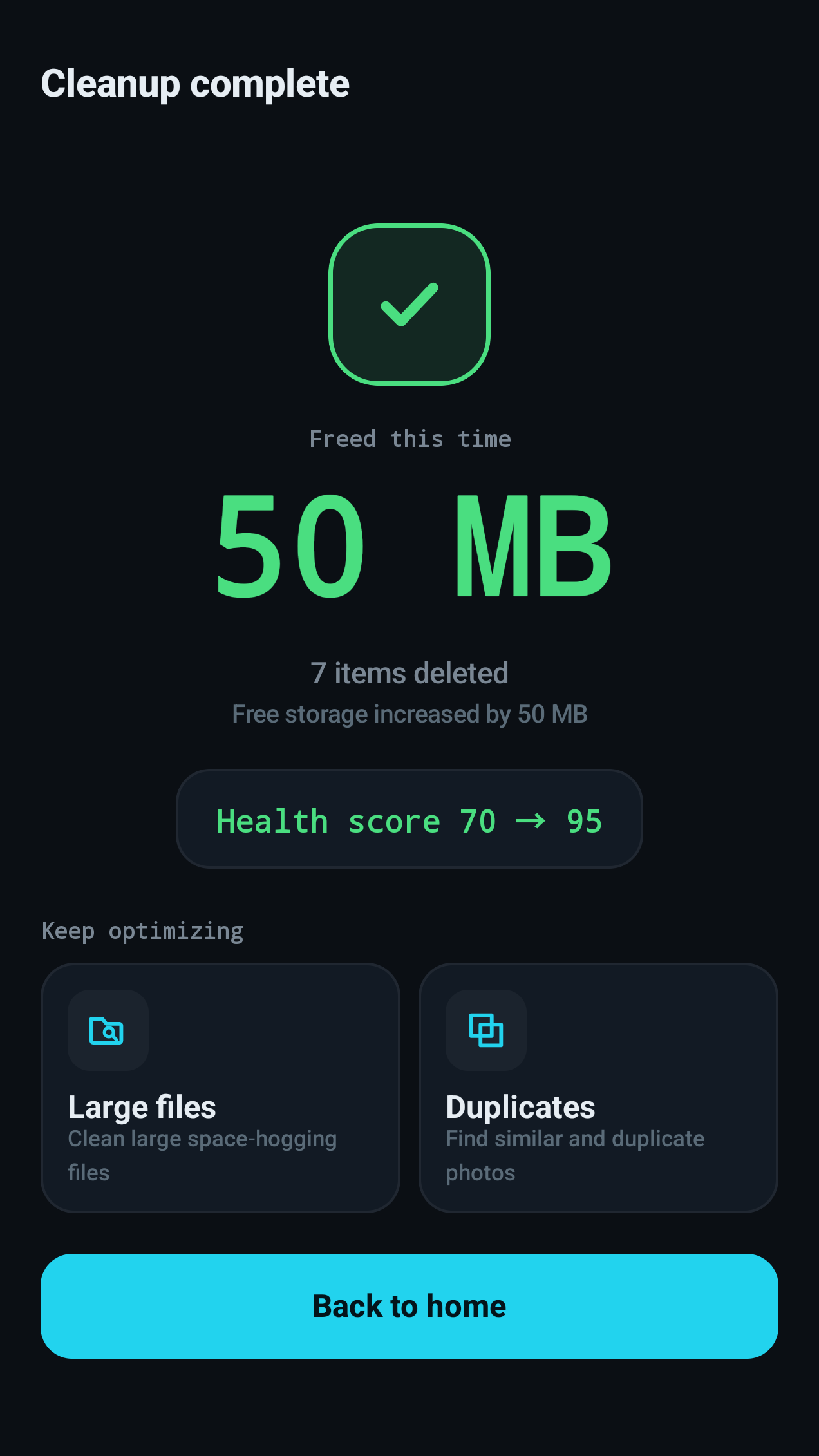 Cleanup complete screen showing the amount freed, the number of items deleted and the health score change.